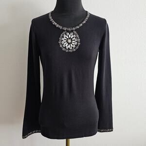 EUC J. Mclaughlin Women's Black Beaded Cotton Blend Long Sweater XS